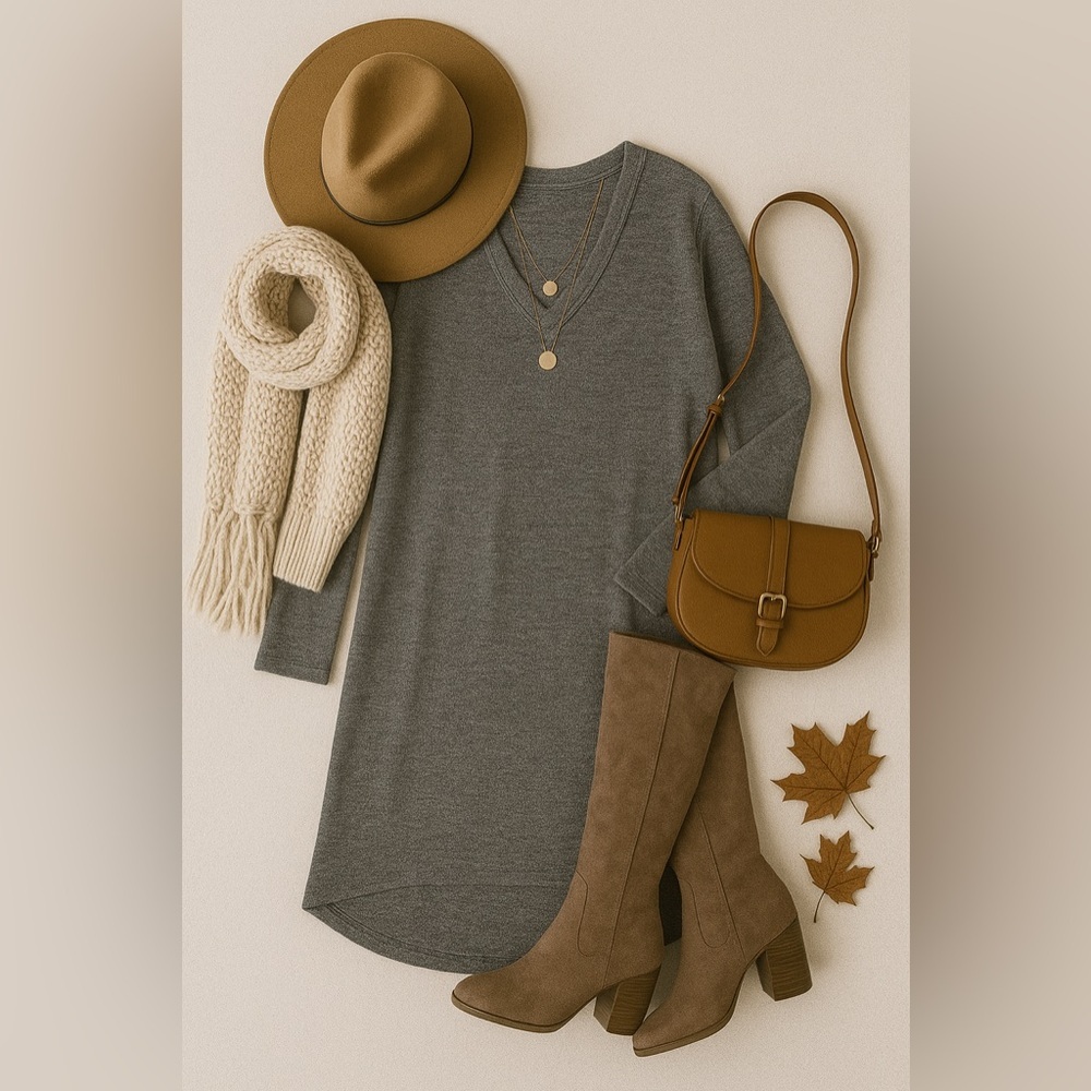 NWOT Reb & J V-Neck Longsleeve Sweater dress/tunic w Pockets Heathered Grey